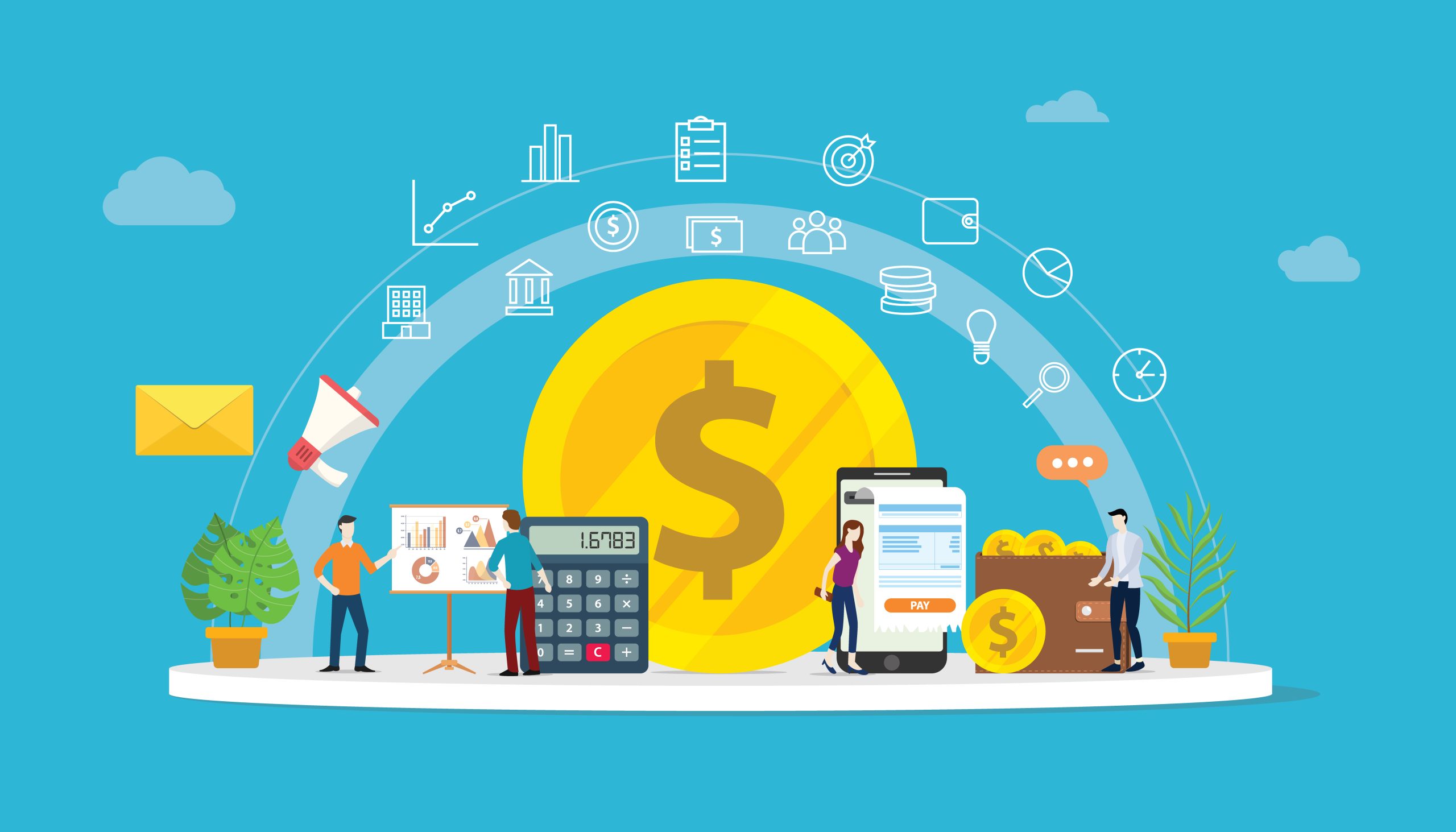 team working to growth money finance with gold coin dollar icon and business icons – vector